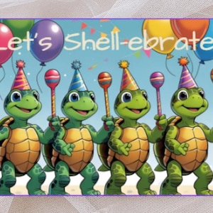 Tarjeta de cumpleaños "Let's Shell-e-brate": Divertida tarjeta de tortuga con globos, adorable saludo animal, 8.5 x 5.5 pulgadas