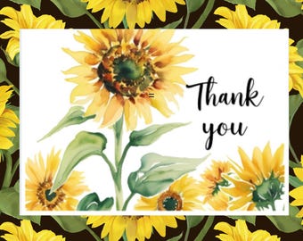 Carte de remerciement tournesol - carte de voeux florale aquarelle, mot de remerciement bohème rustique, papeterie intérieure vierge