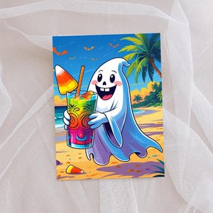 Trick or Tiki Summerween Card – Funny Halloween-in-Summer Greeting – Tropical Ghost Card with Tiki Drink – Spooky Beach Vibes
