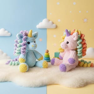 May include: Two crocheted unicorn plush toys. One is light blue with a yellow horn and accents, the other is pink with a purple horn and accents. Both have rainbow-colored manes and tails. They sit on a white fluffy surface against a blue and yellow backdrop.
