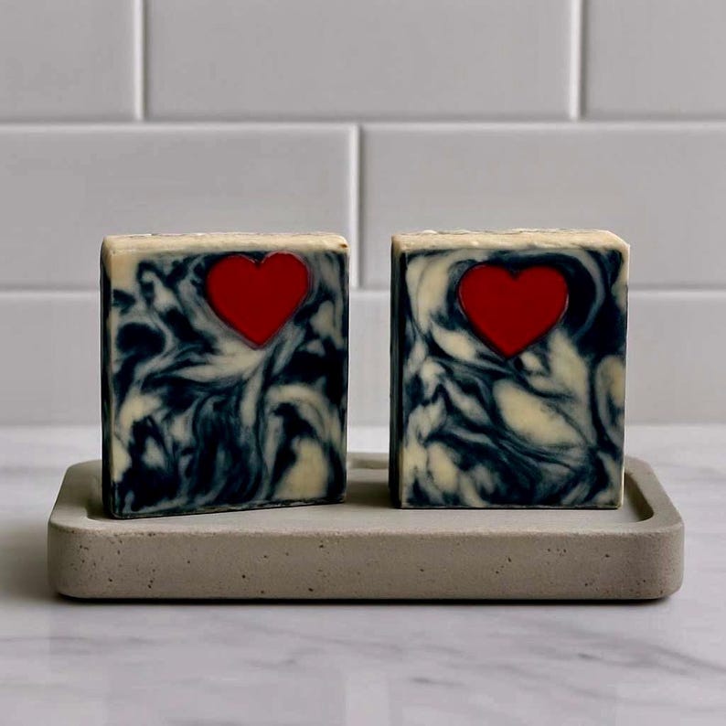 Handmade Cold Process Soap Bar, Black White Swirl Red Heart, Romantic Self Care Gift image 2