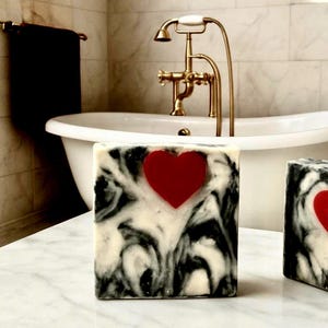 Handmade Cold Process Soap Bar, Black White Swirl Red Heart, Romantic Self Care Gift image 3