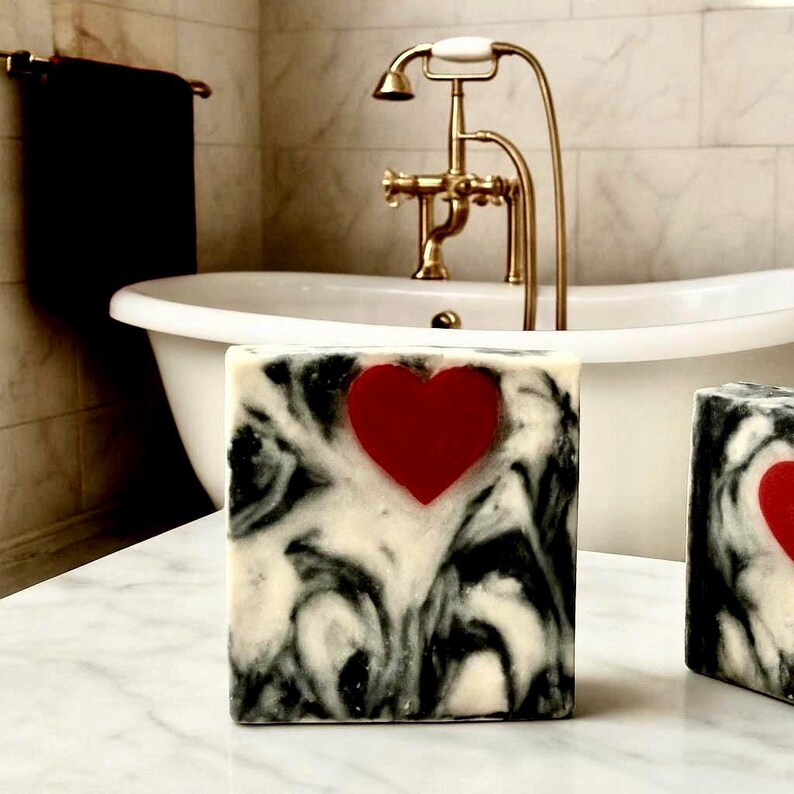 Handmade Cold Process Soap Bar, Black White Swirl Red Heart, Romantic Self Care Gift image 3
