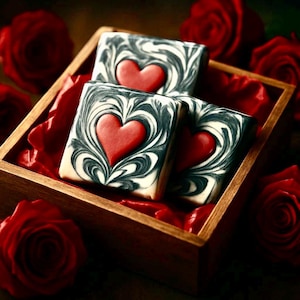May include: Three square soaps with a red heart design are displayed in a wooden box lined with red tissue paper. The soaps have a black and white swirl pattern. Red roses are scattered around the box.