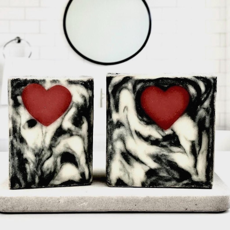 Handmade Cold Process Soap Bar, Black White Swirl Red Heart, Romantic Self Care Gift image 4