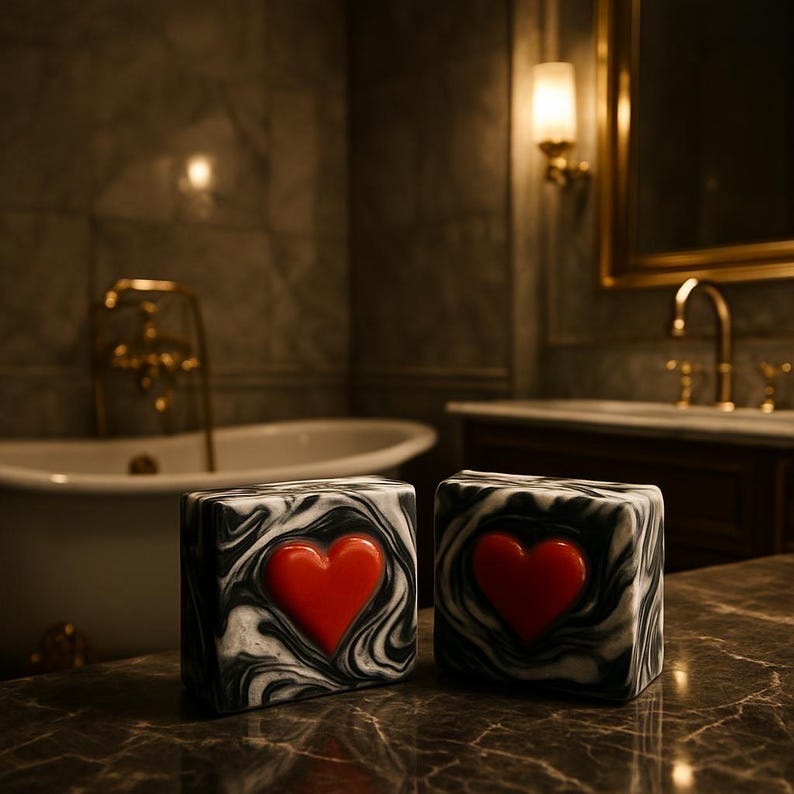 May include: Two square soaps with a black and white marbled design and a red heart in the center. The soaps are displayed on a marble countertop in a bathroom setting. The bathroom has a bathtub, sink, and gold fixtures.