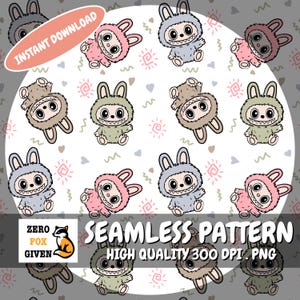 Kawaii Bunny Monster Seamless Pattern: Labubu Inspired PNG Digital Paper