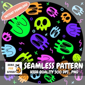 Neon Ghost Skull Seamless Pattern | Cute Spooky Halloween Seamless Digital Paper | Kawaii Repeat Pattern | PNG for Sublimation & Crafts