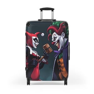 Harley Quin Joker Suitcase, 3 sizes, Stylish Travel Luggage, Comic Art Carry-On, Unique Wheelie Bag for Fans, Perfect Gift for Travelers