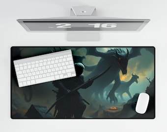 May include: A black rectangular desk mat featuring a fantasy scene with a warrior and dragons. A white keyboard and mouse are on the mat. The monitor above displays the date 2-16.