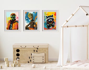Juego de 3 impresiones de arte de pared de Guardianes de la Galaxia, Starlord, Peter Quill, Rocket y Groot, para imprimir en casa o en el teléfono.