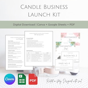 Puede incluir: Un kit de lanzamiento digital para negocios de velas, con el texto "Candle Business Launch Kit". El kit incluye archivos Canva, Google Sheets y PDF, junto con plantillas y diseños de etiquetas para la fabricación de velas.