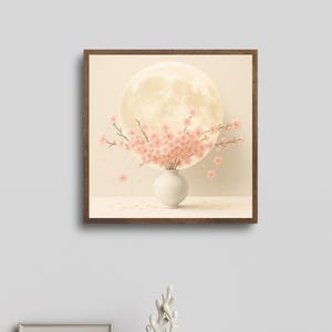 Mondglas Poster koreanische weiße Keramikvase mit Kirschblüten | Vollmond Wand Kunst | Pastell koreanisches ästhetisches Dekor | Dal Hangari Druck