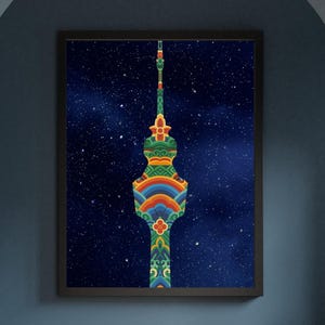Namsan Tower Dancheong Poster, koreanische Kunst gegen den Sternenhimmel