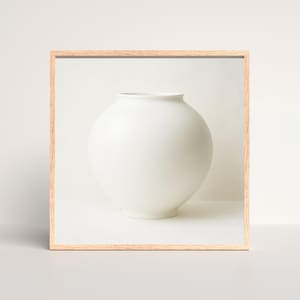 Könnte beinhalten: Eine weiße Keramikvase mit rundem Körper und schmalem Hals. Die Vase wird in einem hellen Holzrahmen vor einem weißen Hintergrund präsentiert. Die Vase hat eine glatte, matte Oberfläche.