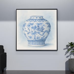 Blau-weißes Mondglas-Plakat koreanischer Porzellankunstdruck, Joseon-Dynastie inspiriertes keramisches Wanddekor
