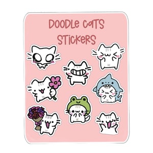 Feuille d'autocollants Doodle Cats - 8 stickers chats mignons et drôles dessinés à la main