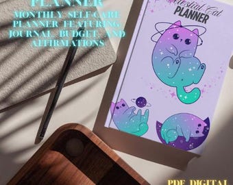 Celestial Cat Printable Planner | Purple Galaxy Theme | Daily, Weekly, Monthly + Budget + Self-Care Tracker