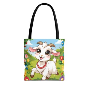 Cute Goat Tote Bag, Art Tote, Eco-Friendly Shopping Bag, Animal Lovers Gift, Spring Floral Design