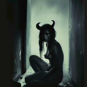 May include: A digital painting depicts a nude figure with dark hair and horns, seated in a dimly lit, narrow space. The artwork uses a muted color palette, with a focus on shadows and highlights to create a dramatic effect. The figure's expression is somber.
