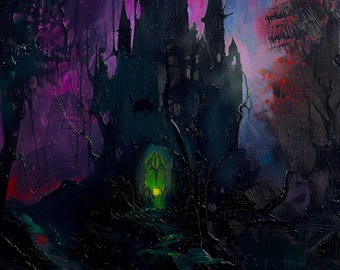 May include: A dark, gothic castle painting. The castle is silhouetted against a purple and blue sky, with a glowing green doorway. The surrounding forest is dark and mysterious, with hints of red foliage.