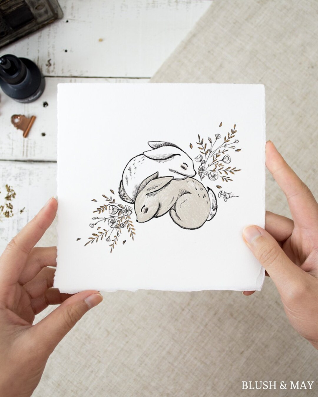 Two Bunnies and Floral Printable Kit Phone and Desktop Wallpaper and