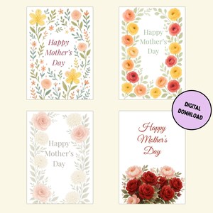 Mother’s Day card bundle – 4 printable greeting cards, floral watercolor design, instant download, elegant digital set for mom