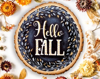 Fall Chalkboard Sign, Hello Fall Sign, Farmhouse Fall Decor, Rustic Wood Slice, Autumn Decoration, Chalkboard Wood Slice, Fall Wall Decor