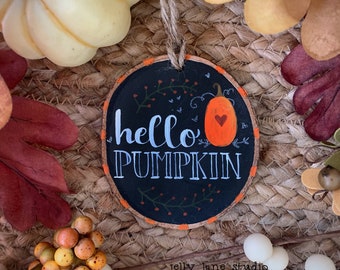 Hello Pumpkin Ornament, Cute Pumpkin Ornament, Hello Fall, Chalkboard Style, Photo Prop, Fall Wood Slice Ornament, Fall Housewarming Gift