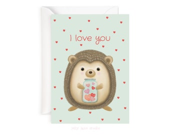 Tarjeta de San Valentín con erizo, tarjeta impresa de San Valentín, linda tarjeta de erizo, tarjeta de San Valentín para novio, ecológica, tarjeta en blanco, novia