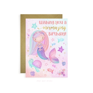 Mermaid Birthday Card, Printed Mermaid Greeting Card, Birthday Card for Girl, Eco Friendly, Birthday Card for Her, Mermazing Birthday, Blank