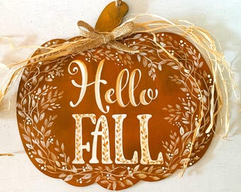 Hello Fall Door Hanger, Custom Pumpkin Sign, Farmhouse Fall Decor, Autumn Decoration, Hand-Painted Fall, Housewarming Gift, Fall Wedding
