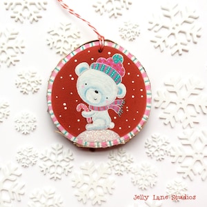 Polar Bear Ornament,White Bear Ornament,Woodslice Ornament,Handpainted Ornament,Handmade Christmas, Bear Ornament,Personalized Ornament