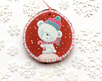 Polar Bear Ornament,White Bear Ornament,Woodslice Ornament,Handpainted Ornament,Handmade Christmas, Bear Ornament,Personalized Ornament