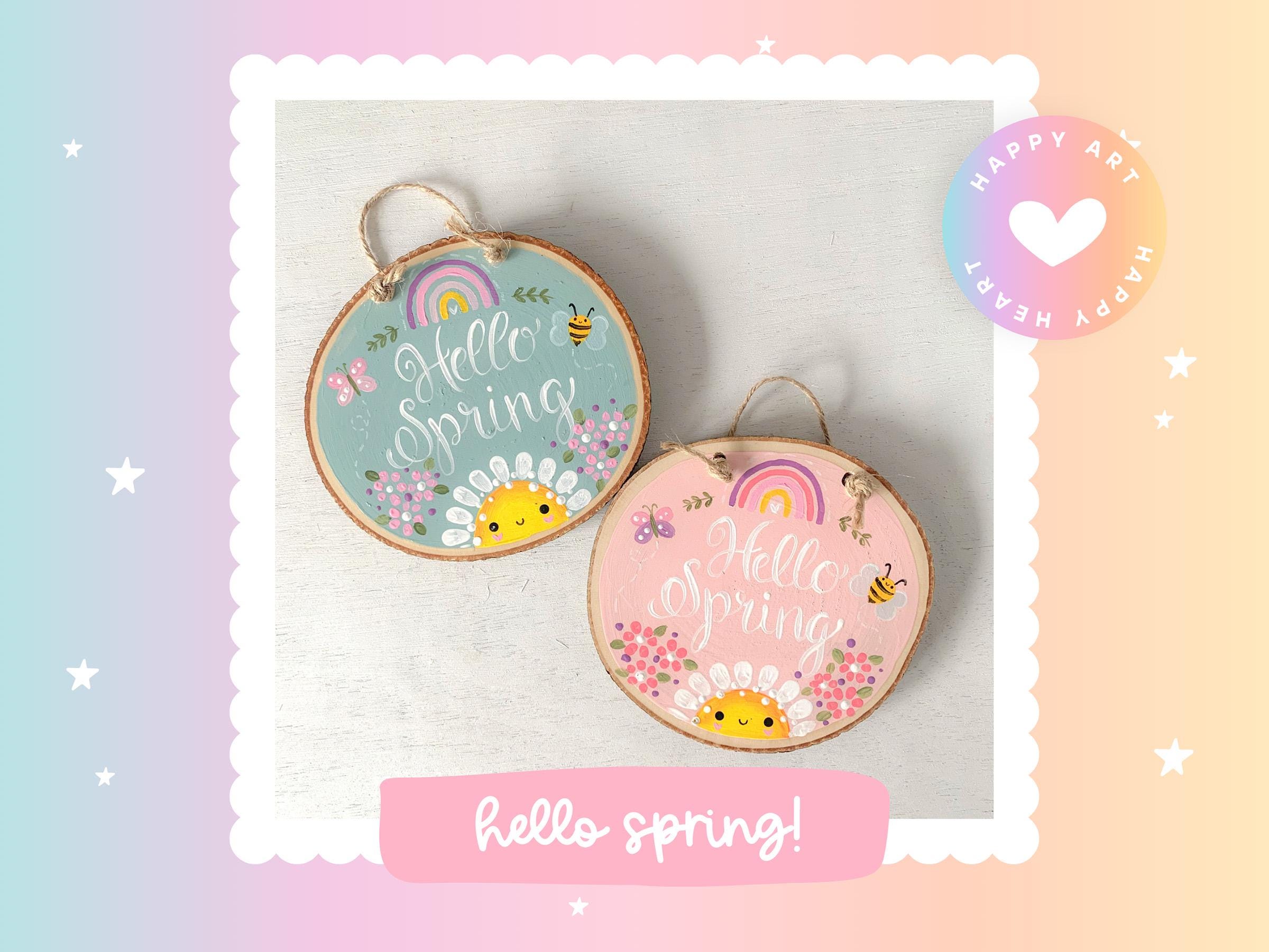 Hello Spring オーナメント、かわいい春の装飾、Hello Spring、手描き