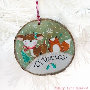 Personalized Woodland Animal Ornament, Baby&#39;s 1st Christmas, Custom Ornament for Child, Woodland Deer Ornament, Teacher Gift, Wood Slice