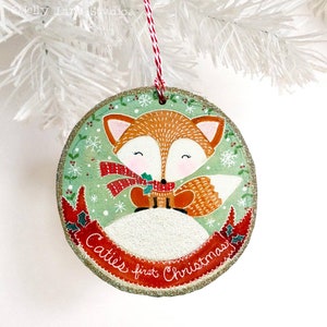 Woodland Fox Ornament, Personalized Christmas Ornament For Child, Christmas Fox, Babys 1st Christmas, Hand Painted Wood Slice Ornament
