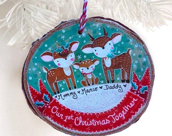 Personalized Family Christmas Ornament, Woodland Deer Ornament, Our Family Ornament, Custom Family Keepsake Ornament, Our 1st Christmas