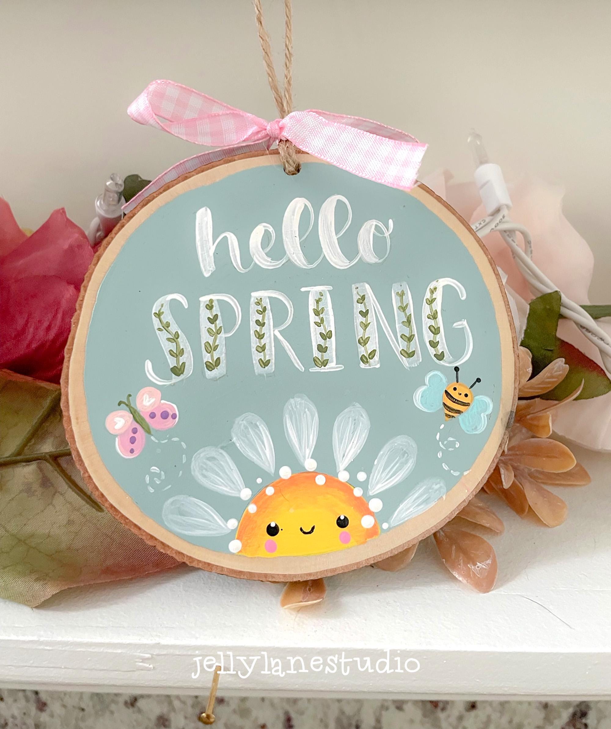 Hello Spring オーナメント、かわいい春の装飾、Hello Spring、手描き