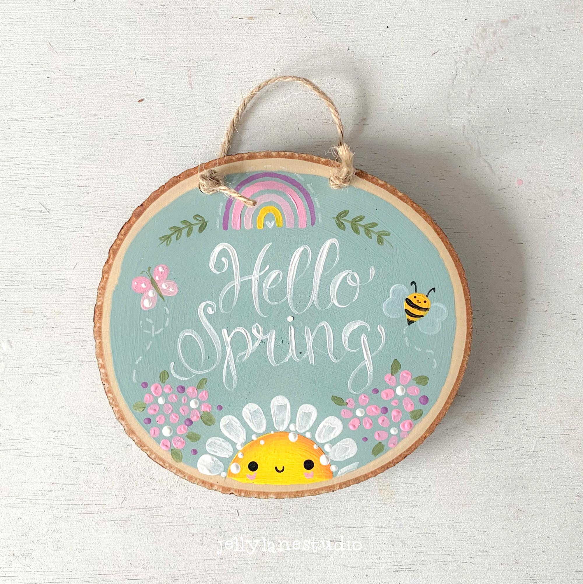 Hello Spring オーナメント、かわいい春の装飾、Hello Spring、手描き