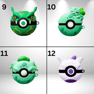 May include: Four different designs of protective cases for wireless earbuds. Each case is a different color and design, including green, white, and purple. The cases are shaped like cartoon characters and have a circular opening for the charging port.