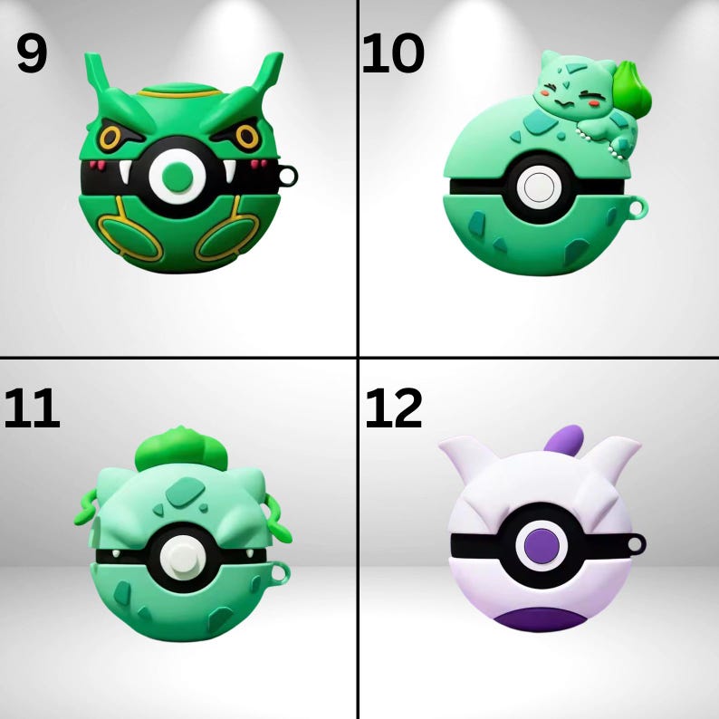 May include: Four different designs of protective cases for wireless earbuds. Each case is a different color and design, including green, white, and purple. The cases are shaped like cartoon characters and have a circular opening for the charging port.