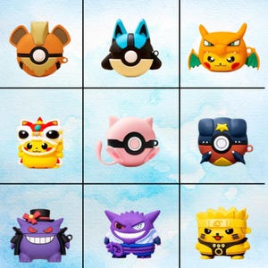 May include: Nine colorful protective cases for wireless earbuds, each designed with a unique cartoon character theme. The cases feature various colors, including orange, yellow, blue, and purple, and are designed to fit over the charging case.