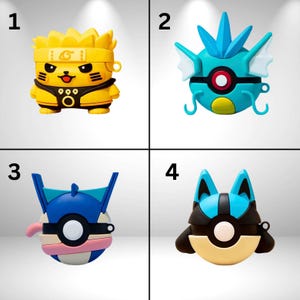 May include: Four colorful protective cases for wireless earbuds. The cases are designed to resemble cartoon characters. The first case is yellow and black, the second is blue and green, the third is blue, pink, and white, and the fourth is black, blue, and tan.