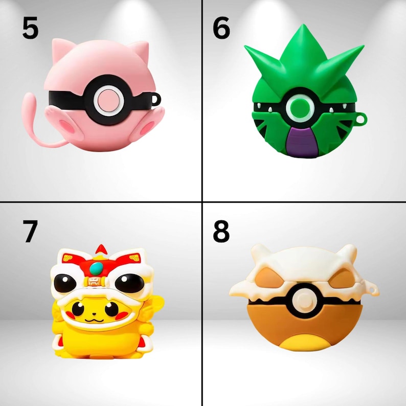 May include: Four colorful protective cases for electronic devices. The cases are designed to resemble characters from a popular animated series. The cases are pink, green, yellow, and brown with black and white accents. The cases are numbered 5, 6, 7, and 8.