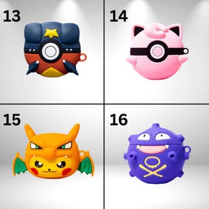 May include: Four colorful protective cases for wireless earbuds. The cases are designed to resemble characters from a popular animated series. Each case is a different color, including blue, pink, orange, and purple.