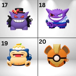 May include: Four colorful character-themed AirPod cases. The cases are shaped like cartoon characters, including a purple ghost wearing a top hat, a purple character with a white shirt, a blue and yellow character, and an orange character.
