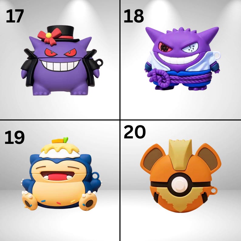 May include: Four colorful character-themed AirPod cases. The cases are shaped like cartoon characters, including a purple ghost wearing a top hat, a purple character with a white shirt, a blue and yellow character, and an orange character.