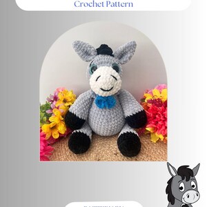 May include: A crocheted donkey toy, in shades of gray, black, and white, with a blue bow tie. The text "Mr. HeeHaw the Donkey Crochet Pattern" is at the top. The pattern is by @YARNIMALS_BY_TONI.