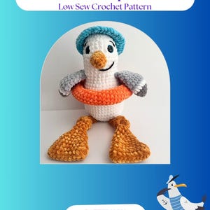 May include: A handmade crochet seagull toy with the text "Mr. Mc Squawk" and "Low Sew Crochet Pattern". The seagull has a blue hat, orange life preserver, and brown feet. The pattern is by @YARNIMALSBYTONI.